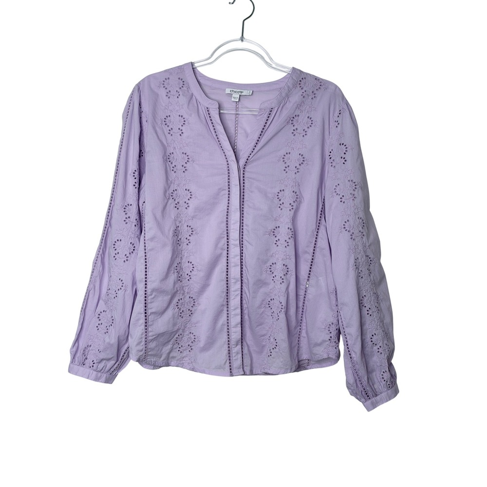 Chicos Eyelet Button up Top 2 L Purple Cotton Embroidered Long Sleeve V-Neck